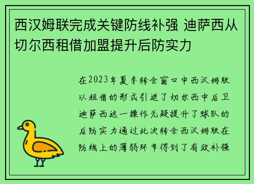 西汉姆联完成关键防线补强 迪萨西从切尔西租借加盟提升后防实力
